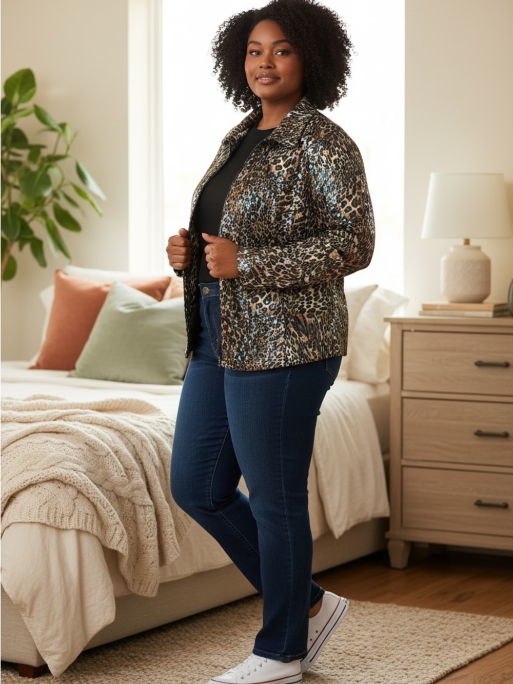 Petite Large Size Leopard Print Sequined Jacket in Brown & Black